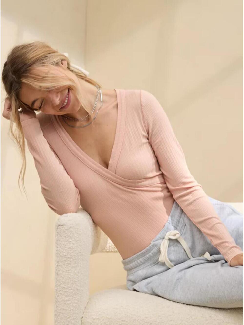 AERIE pink ribbed wrap bodysuit sz XL